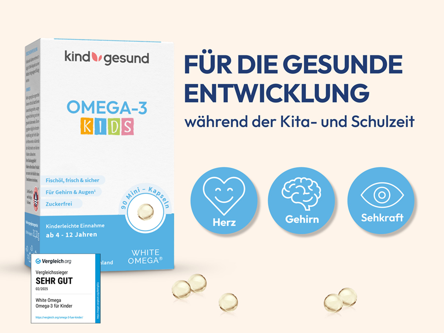 Junge liest Buch. Text: Für die Besten das Beste. Reich an Omega-3, EPA & DHA. Kindgerecht dosiert.